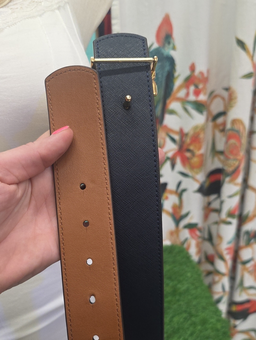 Tory Burch Reverisable Logo Buckle Leather Waist Belt Dark Blue And Tan - Picture 7 of 9